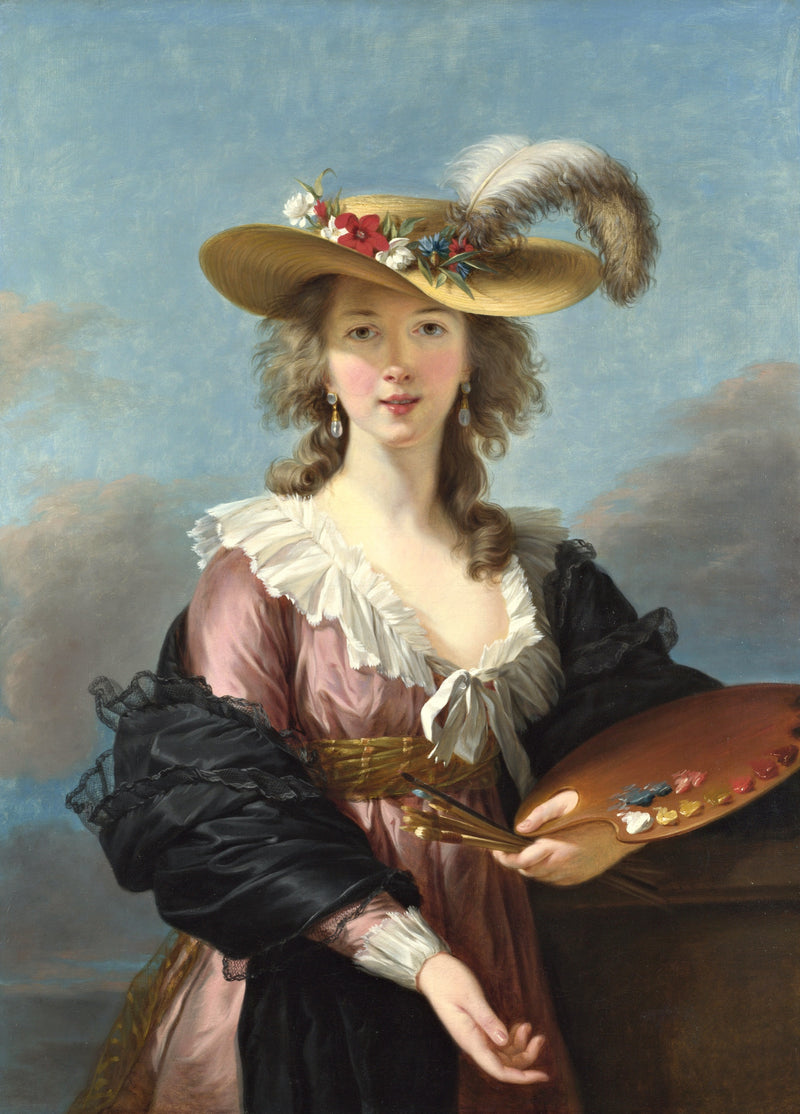 Self-Portrait in a Straw Hat by Vigée Le Brun: a young woman in a feathered straw hat holds a palette under a blue sky