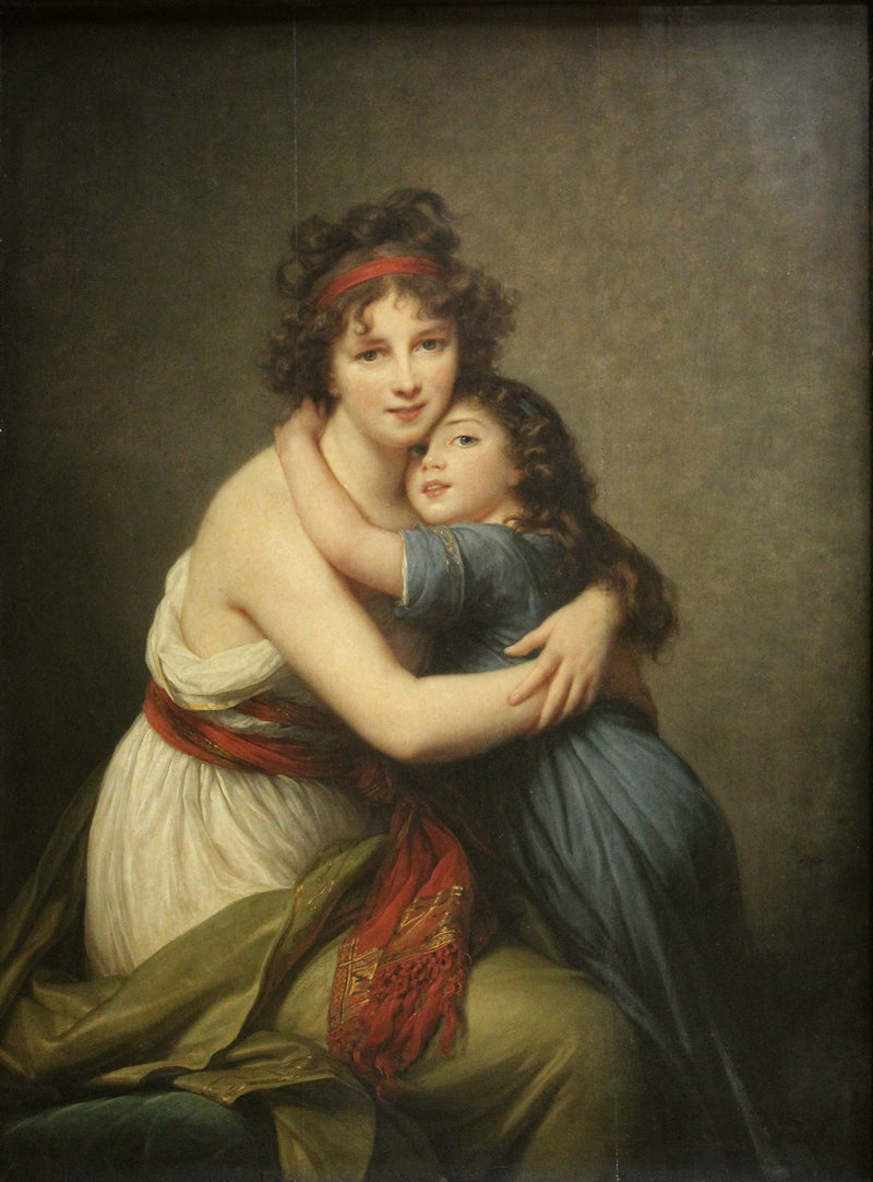 Self-portrait with her daughter by Vigée Le Brun: the painter in white with a red sash holding her little girl in blue