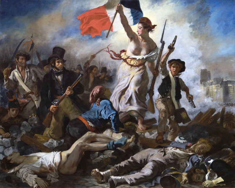 Liberty Leading the People by Eugène Delacroix: Liberty raises the French flag and leads fighters over a barricade