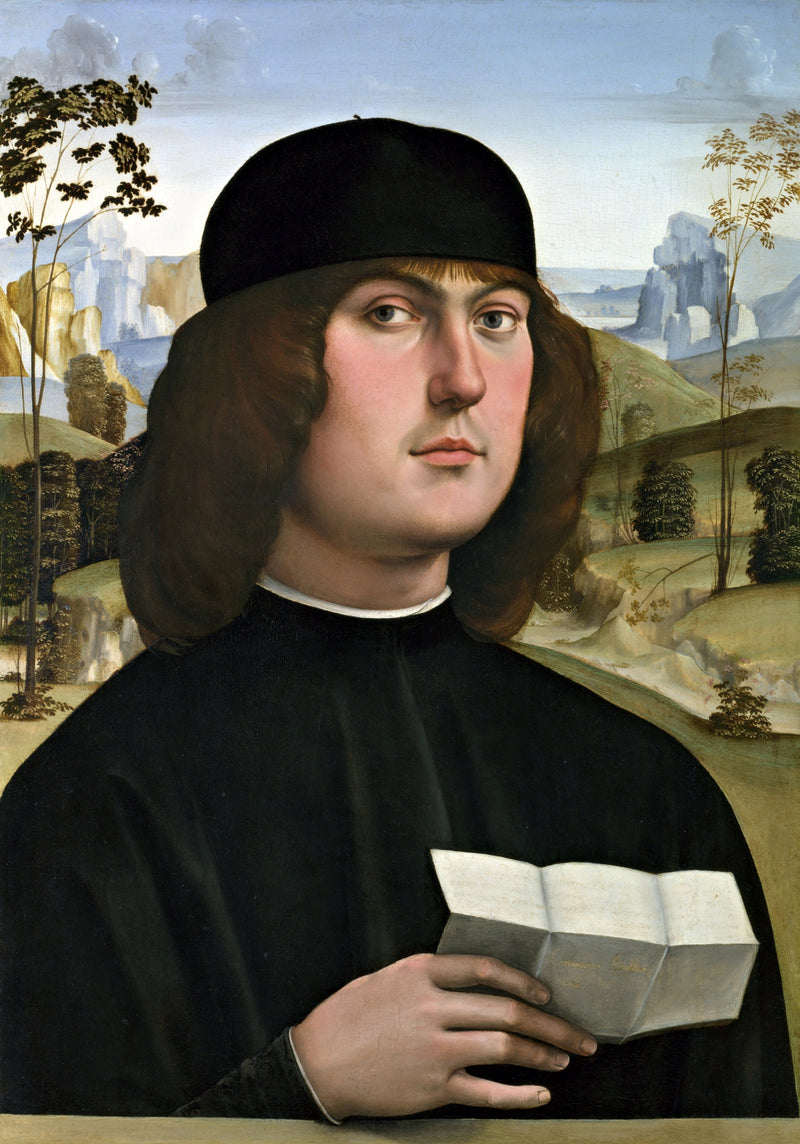 Bartolomeo Bianchini by Francia: a young man in a black cap holds a folded letter before rocks, trees and hills