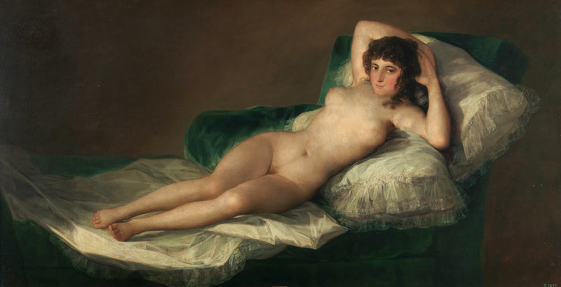 La maja desnuda by Francisco Goya: a woman reclining on white pillows on a green couch, looking straight out