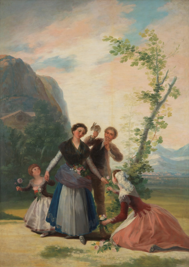 The Flower Girls by Francisco Goya: a kneeling girl offers a flower to a lady with a child, a man behind holding up a rabbit