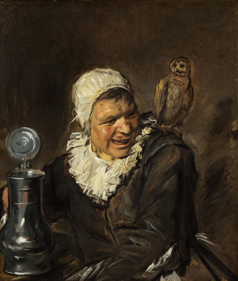 Malle Babbe by Frans Hals: a laughing old woman in a white cap, a pewter beer mug in her hand and an owl on her shoulder