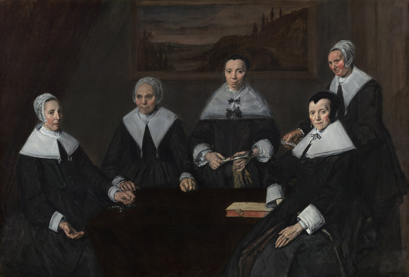 Regentesses by Frans Hals: four women in black with white collars seated at a table, and a housekeeper standing