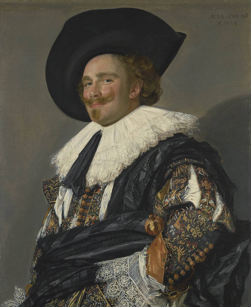 The Laughing Cavalier by Frans Hals: a young man in a broad black hat, lace collar and embroidered sleeve, smiling