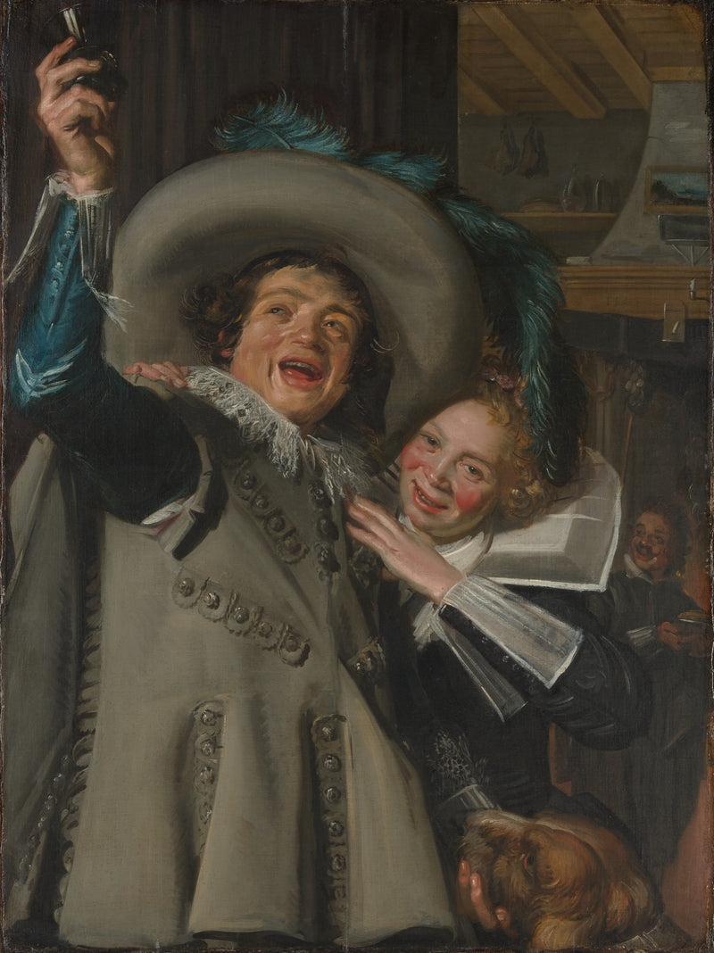 Young Man and Woman in an Inn by Frans Hals: a laughing cavalier in a plumed hat holding a flask up, a girl leaning on him