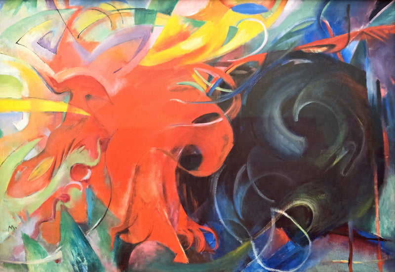 Fighting Forms by Franz Marc: a bright red whirling form attacking a dark blue spiral on a pale ground