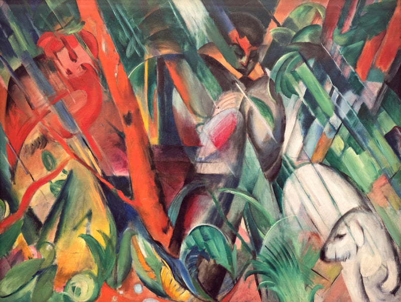 In the Rain by Franz Marc: figures and trees among diagonal shards of red, green and white rain