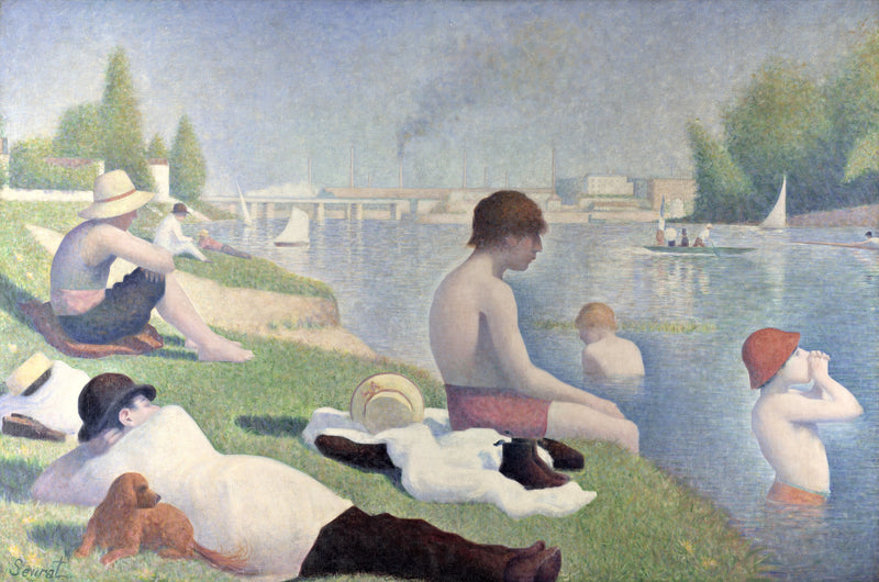 Bathers at Asnières by Georges Seurat: young men resting on a grassy riverbank and bathing in the Seine, factories in haze