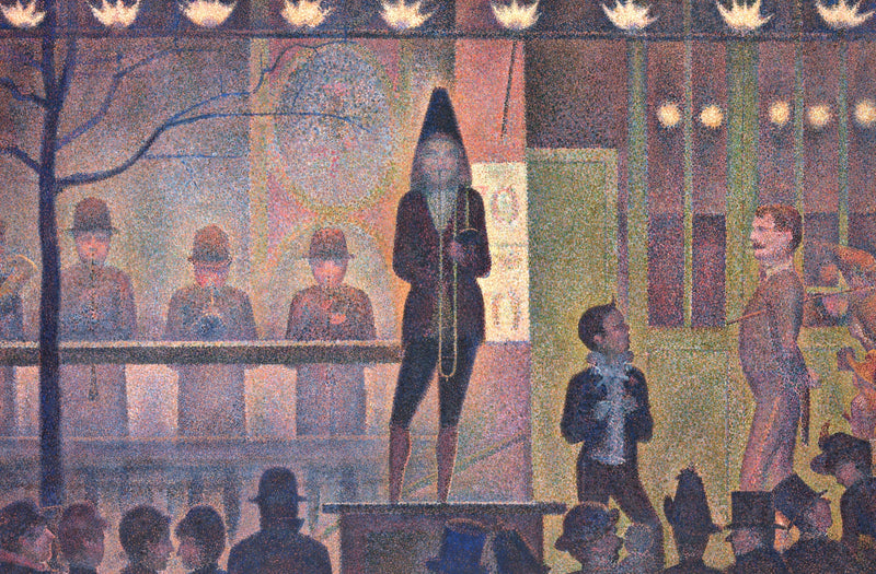 Circus Sideshow by Georges Seurat: musicians on a platform under a row of gas lamps at night, a crowd in the dark