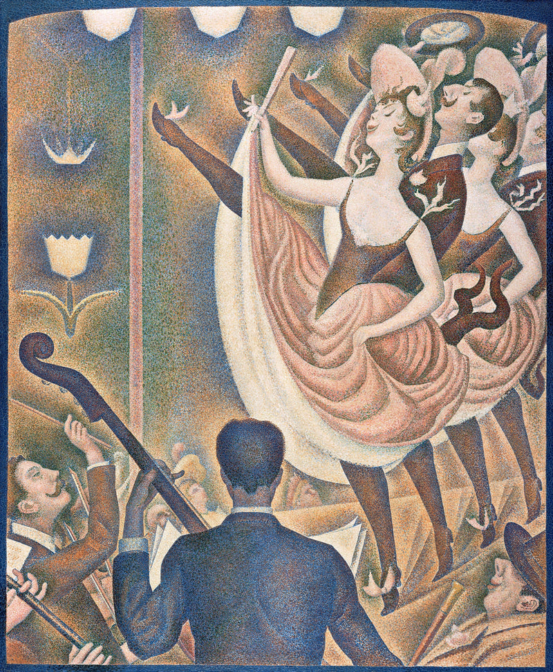Le Chahut by Georges Seurat: a row of can-can dancers kicking high under lamps, a double-bass player in front