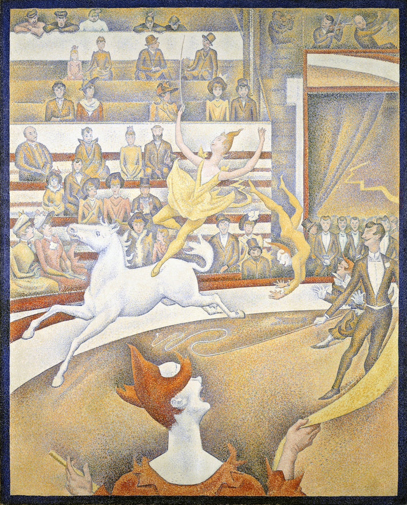 The Circus by Georges Seurat: a rider on a galloping white horse, acrobats and a clown, rows of spectators behind