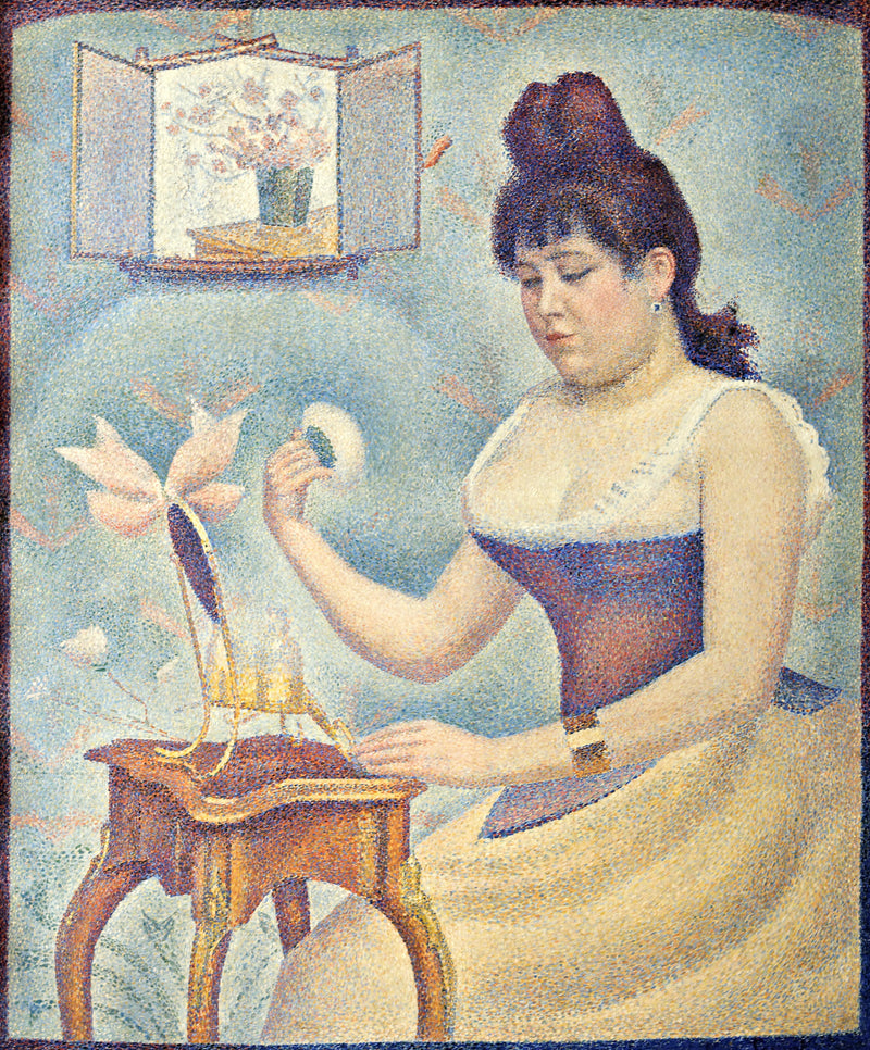 Young Woman Powdering Herself by Georges Seurat: a woman in a corset at a small dressing table, a framed mirror above