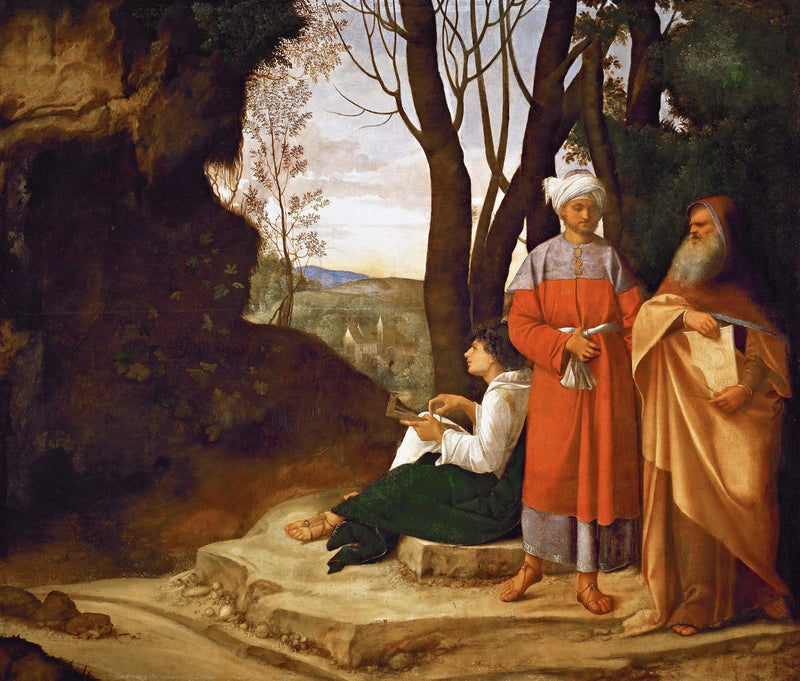 The Three Philosophers by Giorgione: three men, young, middle-aged and old, beside a dark cave, trees and a sunset beyond