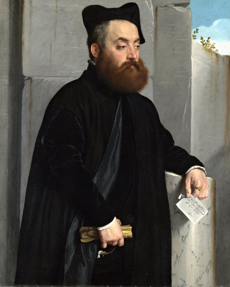 Canon Ludovico di Terzi by Moroni: a bearded man in a black cap and gown leans on a stone column holding a letter