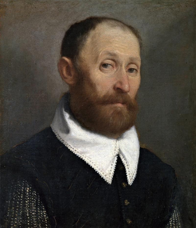 Portrait of a Man with Raised Eyebrows by Moroni: a bearded man in a lace collar and chain-mail sleeves, eyebrows raised