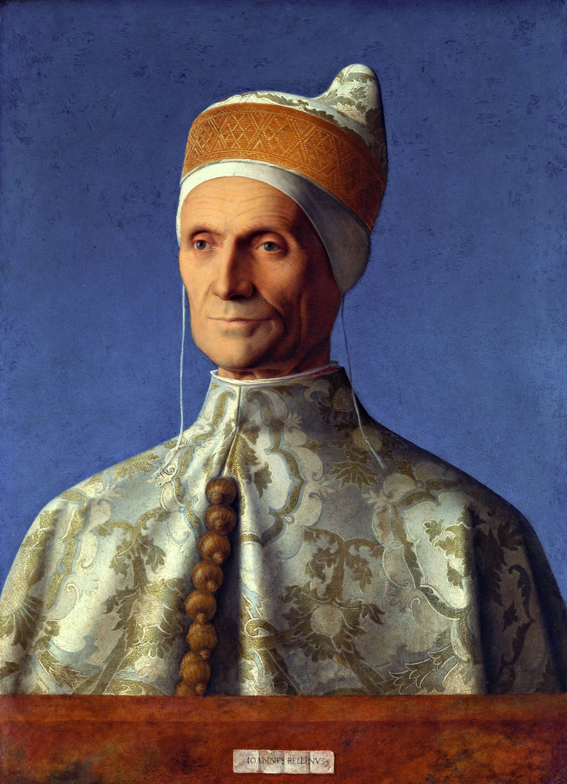 Doge Leonardo Loredan by Giovanni Bellini: an old man in a white and gold ducal cap and damask robe against a blue ground