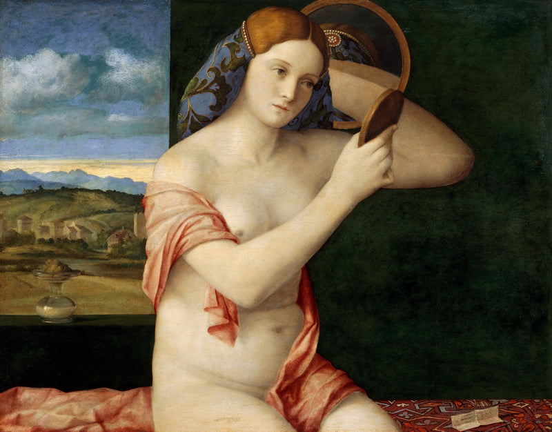 Naked Young Woman in Front of a Mirror by Bellini: a nude woman with a hand mirror, a green wall and mountains