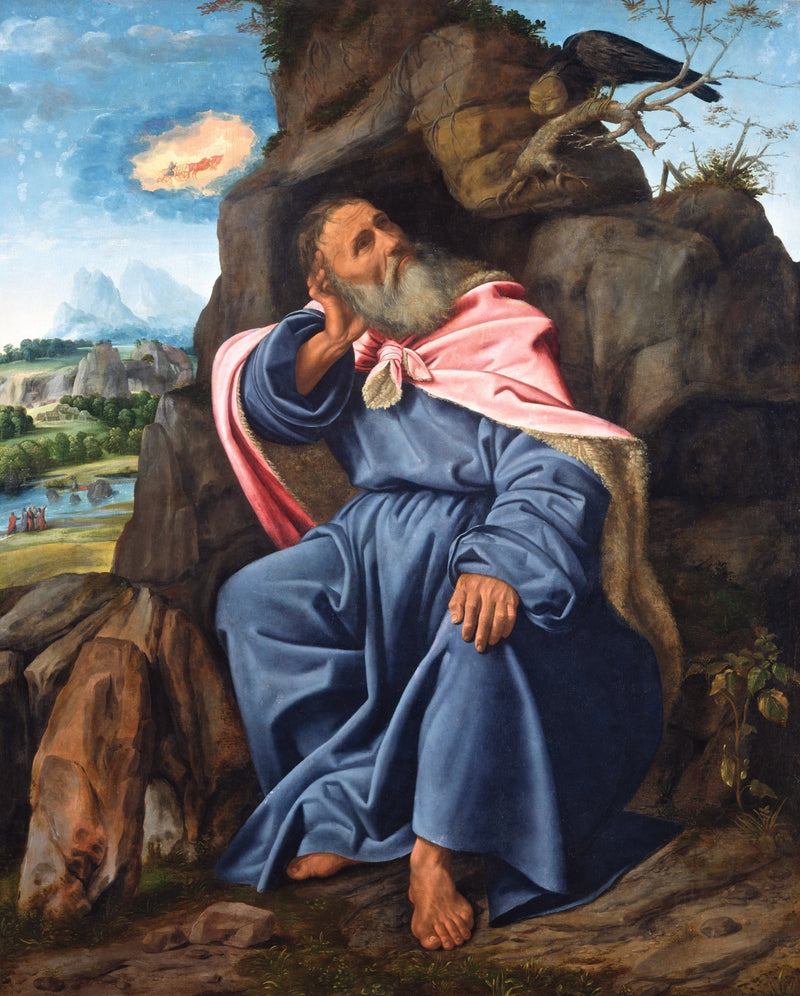 Elijah Fed by the Raven by Savoldo: an old prophet in a blue robe and pink cloak sits by a rock as a raven flies in
