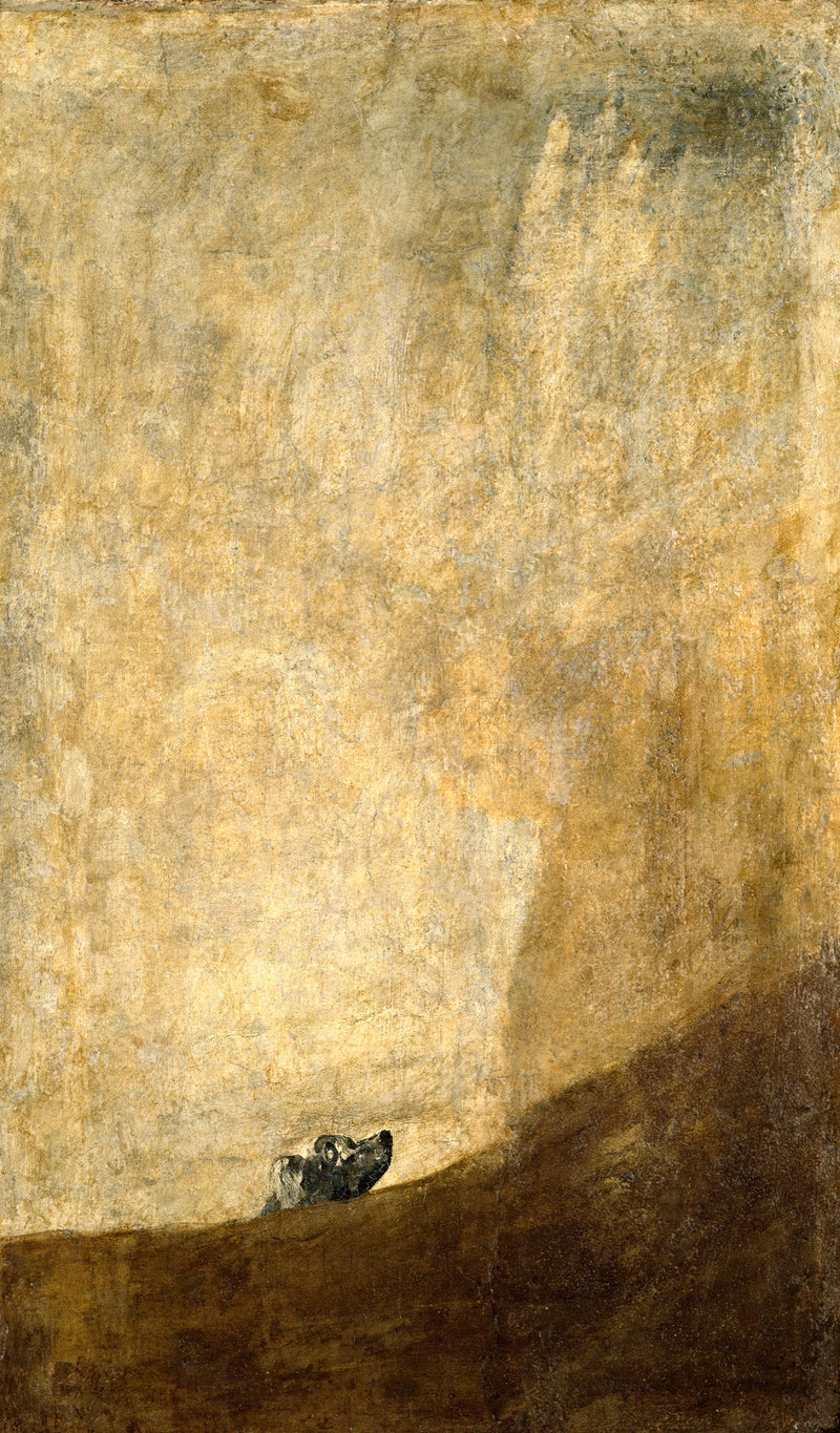 The Dog by Francisco Goya: a small dog’s head peering over a dark slope into a vast ochre space