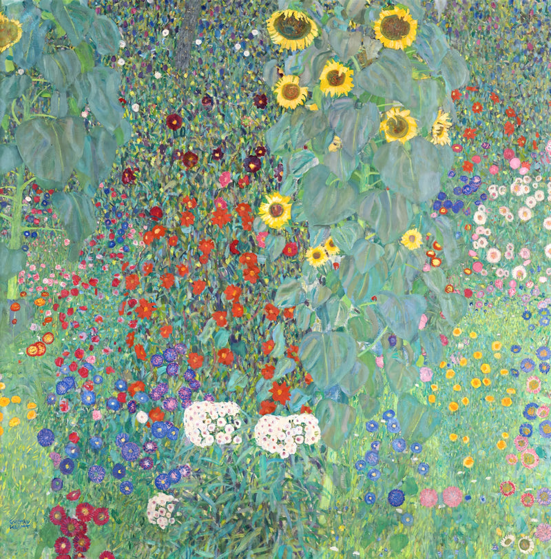 Farm Garden with Sunflowers by Gustav Klimt: a square of dense flowers in pink, blue and white with sunflowers at the top