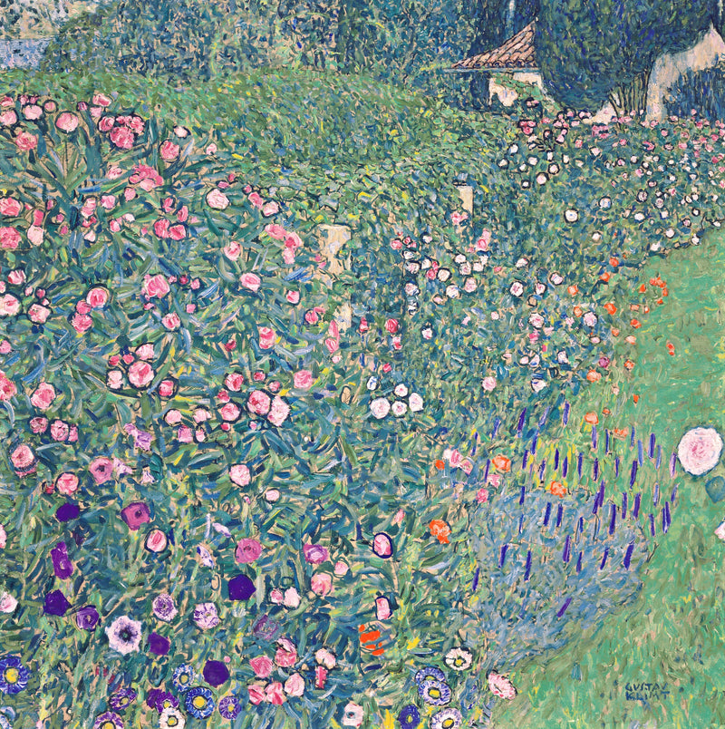Italian Garden Landscape by Gustav Klimt: a square slope of pink, white, red and blue flowers, a roof at the top right