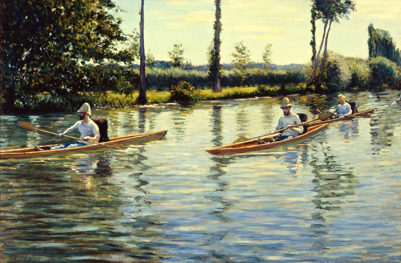 Boating on the Yerres by Caillebotte: three men in slim wooden skiffs gliding on a green river under tall trees