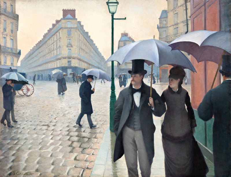 Paris Street; Rainy Day by Caillebotte: a couple under an umbrella on a wet cobbled Paris street, tall buildings behind