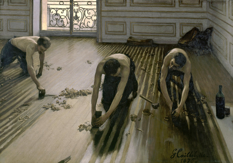 The Floor Scrapers by Caillebotte: three shirtless workmen on their knees scraping a wooden floor, light from a tall window