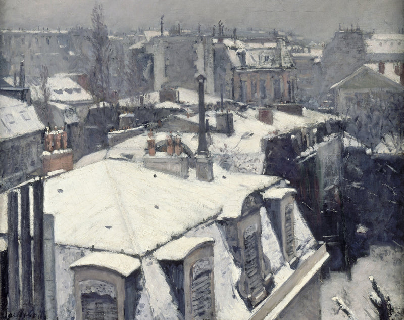 View of Rooftops (Snow Effect) by Caillebotte: snow-covered Paris rooftops and chimneys seen from above, grey winter sky