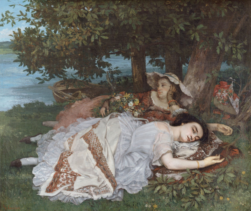 Young Ladies Beside the Seine by Courbet: a woman in white lies asleep on the grass, a second in red behind her, under trees