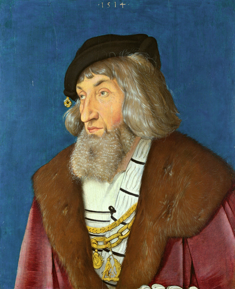 Portrait of a Man by Baldung: a grey-bearded man in a black cap, fur collar and gold chains against a blue ground