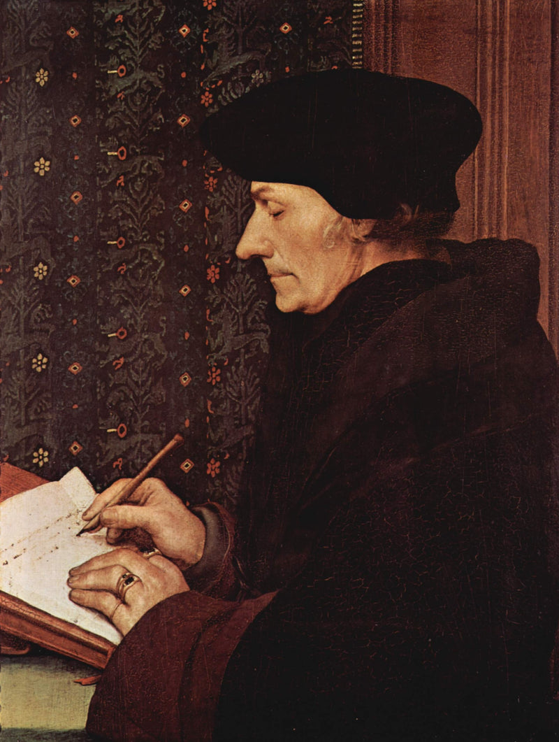 Erasmus by Hans Holbein: an older scholar in a black cap and fur-lined gown, in profile, writing at a desk