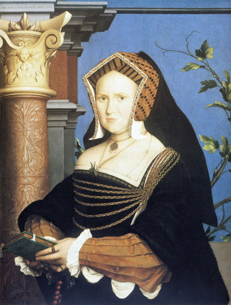 Mary, Lady Guildford by Holbein: a woman in a gabled headdress and black gown holds a prayer book, a golden column behind