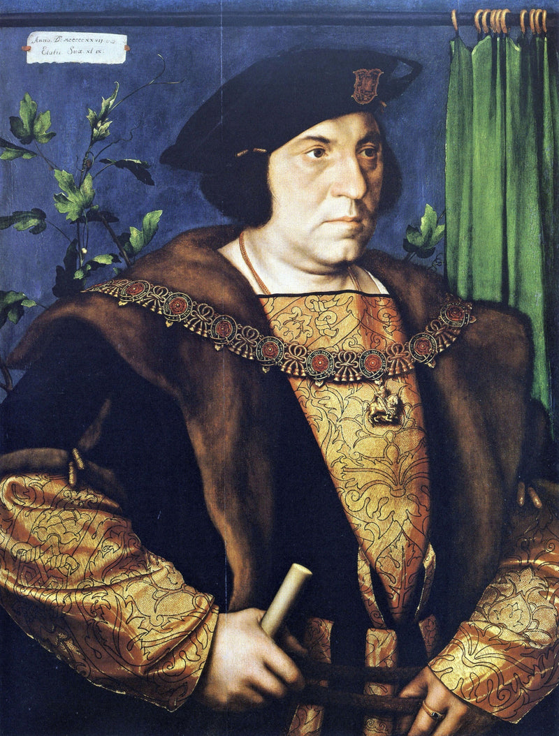 Sir Henry Guildford by Holbein: a man in a black cap, fur and gold brocade holds a white staff, a green curtain behind