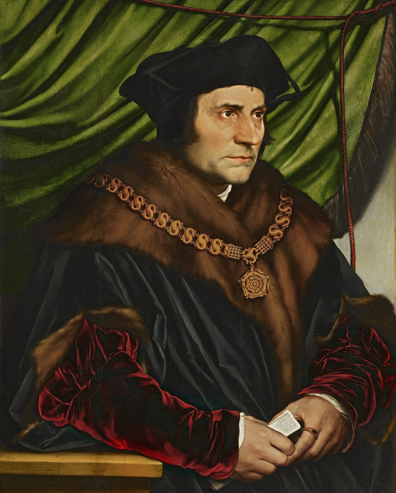 Sir Thomas More by Hans Holbein: a man in a black cap, fur collar, red velvet sleeves and gold chain, green curtain