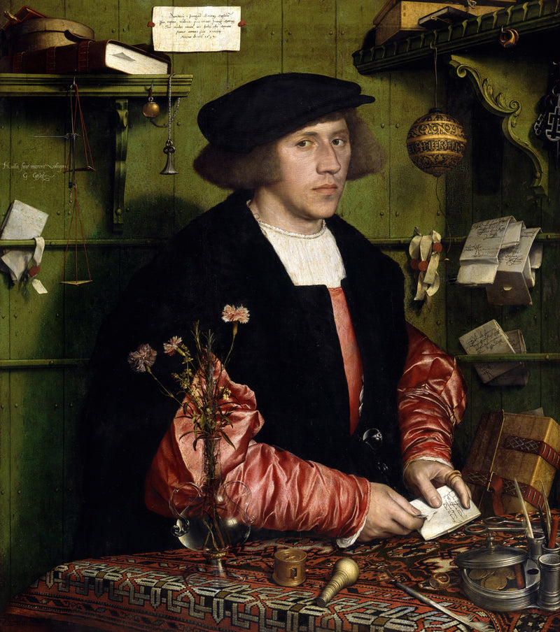 The Merchant Georg Gisze by Hans Holbein: a young man in black and pink silk at a desk with letters, a clock and flowers