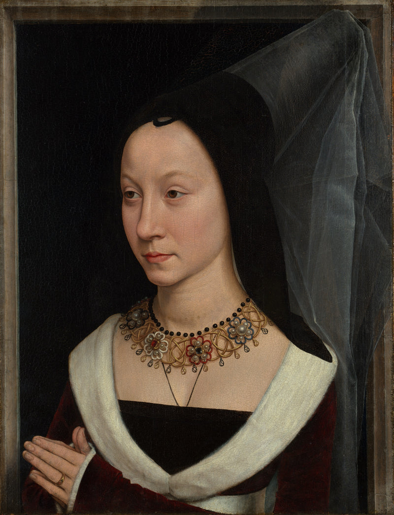 Portrait of Maria Portinari by Memling: a young woman in a tall black hennin, veil and jewelled necklace