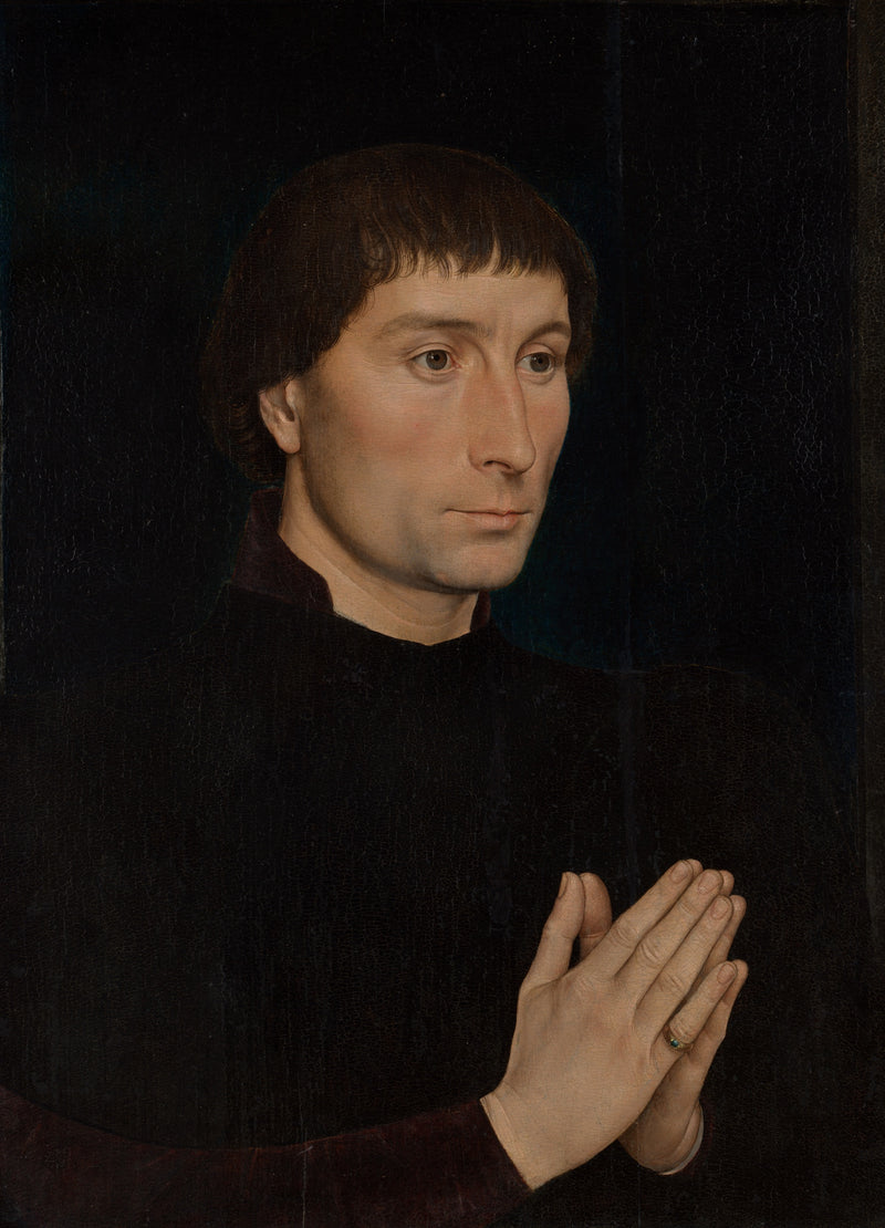 Portrait of Tommaso Portinari by Memling: a dark-haired man in black, hands joined in prayer against a dark ground