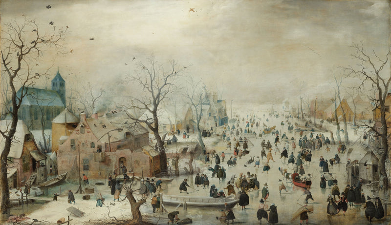 Winter Landscape with Skaters by Avercamp: crowds skating on a frozen river beside a village and church under a pale sky