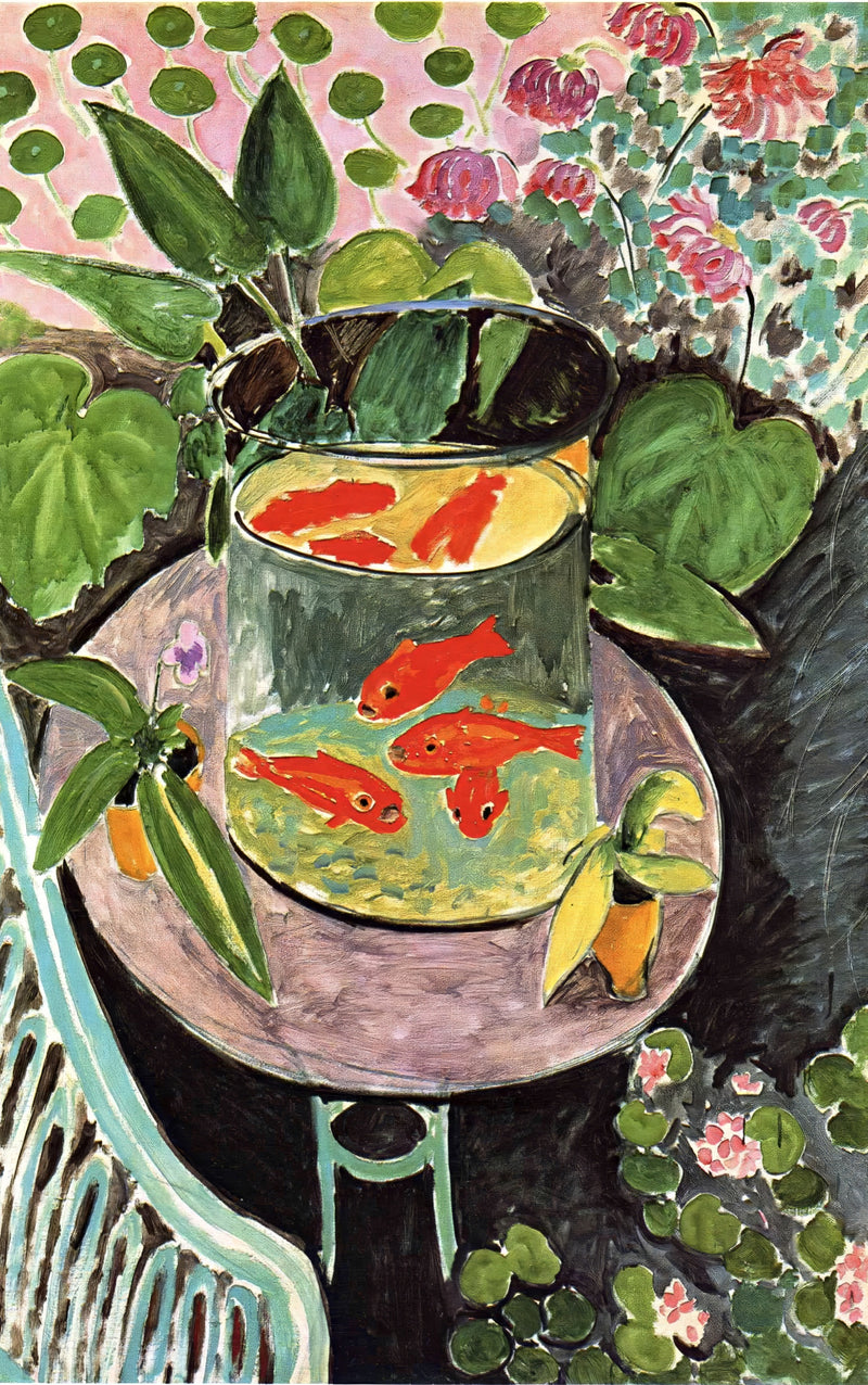 Goldfish by Henri Matisse: four orange-red fish in a tall glass bowl on a round pink table among green leaves and flowers