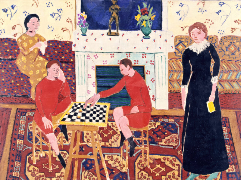 The Painter’s Family by Henri Matisse: two boys in red playing draughts, a girl in black standing, patterned carpets