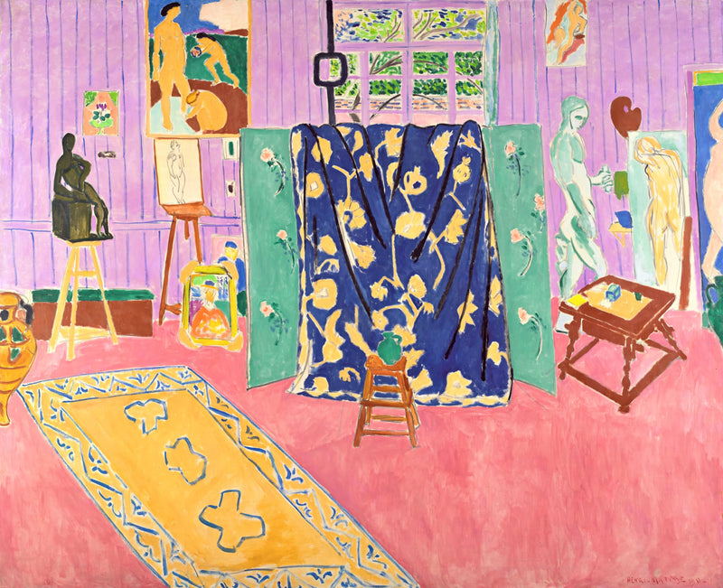 The Pink Studio by Henri Matisse: a pink studio with a blue patterned screen, a yellow rug, canvases and a sculpture