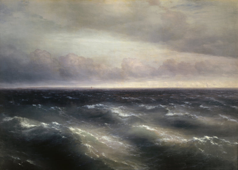 The Black Sea by Ivan Aivazovsky: dark green waves with white crests rolling under a heavy grey sky, a ship on the horizon