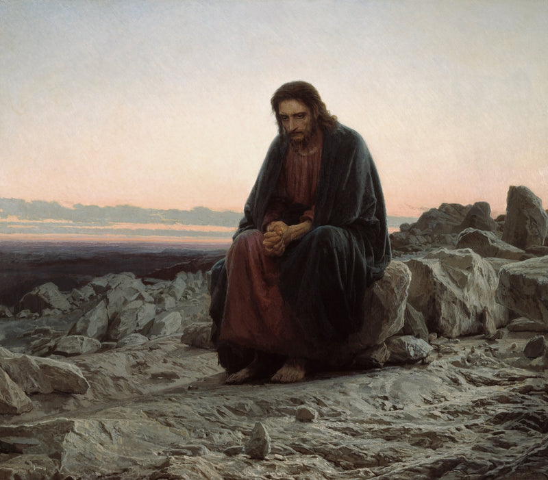 Christ in the Desert by Ivan Kramskoi: Christ in a dark cloak sits on a rock, hands clasped, in a stony desert at dawn