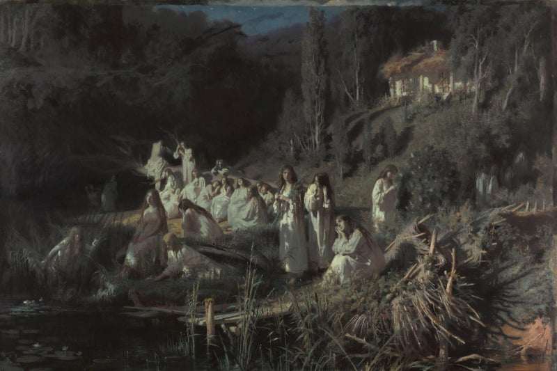 The Mermaids by Ivan Kramskoi: pale girls in white gathered on a dark moonlit riverbank among reeds, a cottage on the hill