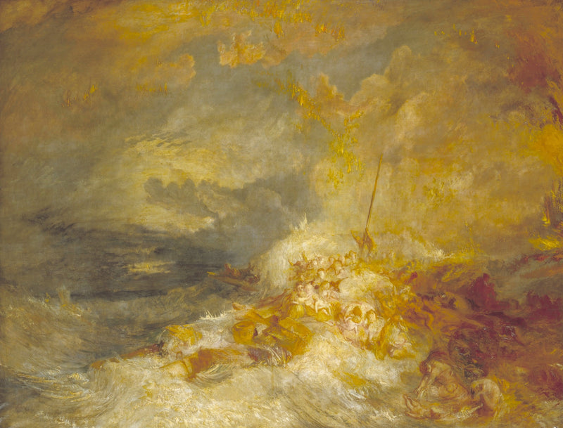A Disaster at Sea by J. M. W. Turner: a sinking ship in swirling golden waves, people clinging to the wreck