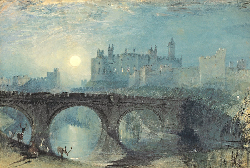 Alnwick Castle by Turner: a moonlit castle above a stone bridge and river, deer on the bank, in blue and silver