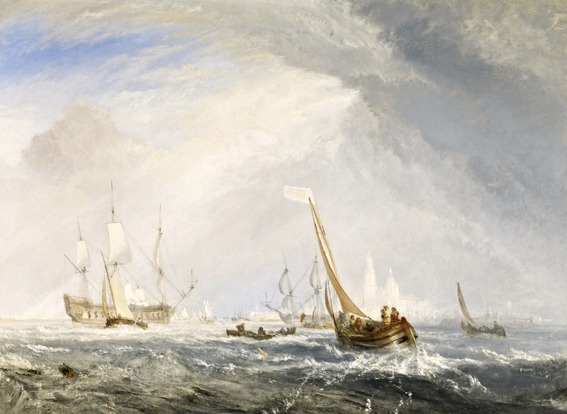 Antwerp: Van Goyen by Turner: small boats and tall sailing ships on a choppy grey-green sea under a vast cloudy sky