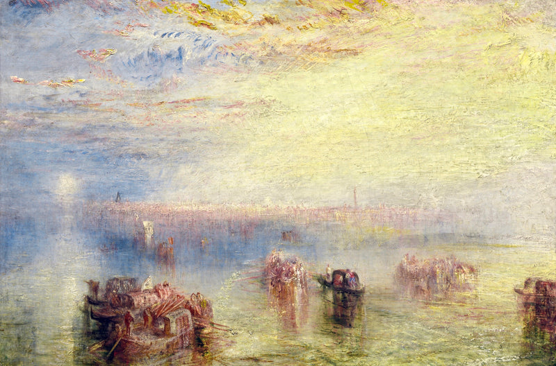 Approach to Venice by Turner: gondolas on glowing water, a distant city in a haze of gold, blue and pale yellow light